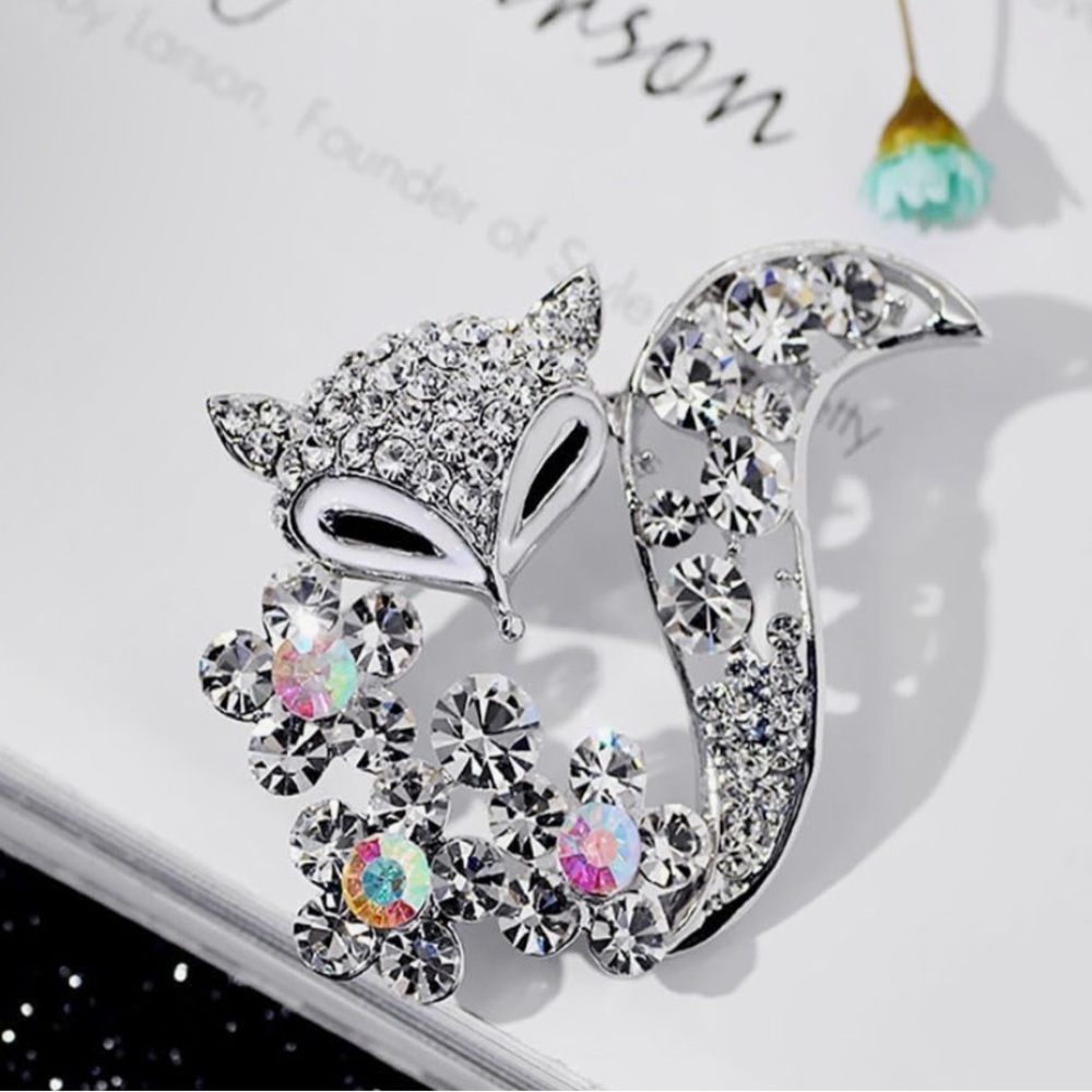Silver Crystal Fox Brooch with Iridescent Floral Accents